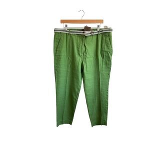 Cortefiel Woman Green Linen Blend Tapered Pants with Striped Belt Size 14 NWT